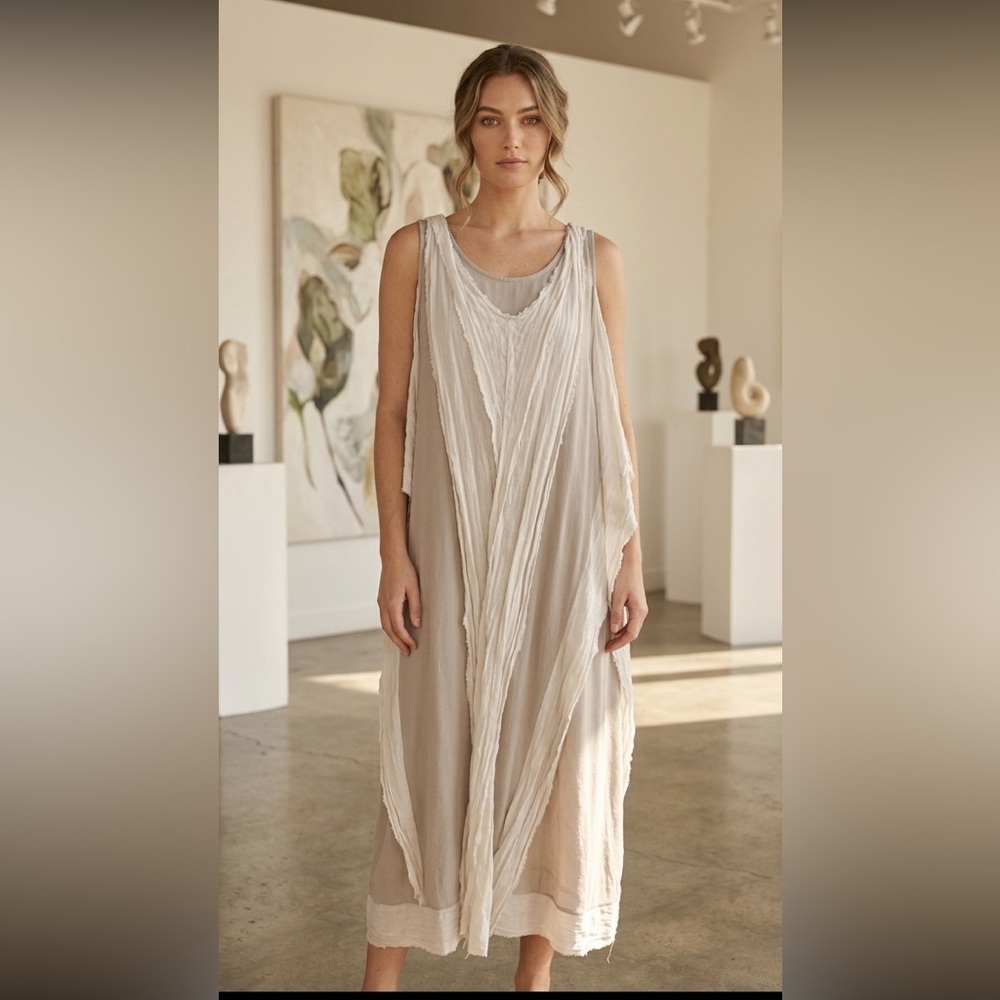 Clu Women's Gray Silk Hemp
Scoop Neck Sleeveless
Lagenlook Casual Midi Dress S - Picture 10 of 15